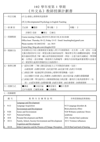 102 Wȵ 1 W
ϵ̎nӋ
һĿQ () lչWcӢŽW
(Ӣ) Developmental Psychology in English Teaching
 n e ? ?x W֔ 2 r 2
So ώ ? ?
n̎ Course meeting: Fridays 2013/9/13-2014/1/10, 8:10-10:00
Office hour: Thursday 10-12; Friday 13-15 Email: hsuchingfen@gmail.com
Phone number: 02-26632102 ext. 3815
Course blog: blog.udn.com/chingfen1010
ġ_nּ nּڽBlչăͯMlչAΣJ֪
ӸAνнBcfWׂwlչ^̣l
չϤ˽⣬oflչ箐Ⱥ磬עȱʧ^֢W
K]֢ZϵKwcОϵKȣñݒՓcpKM
ʽW܌W̌WС
塢̌WĿ (һ)J֪Ŀˣ˽J֪ϲͬAεİlչ
(1)̥ (2)냺r (3)ͯ (4)ͯ (5)r
()ĿˣܼWlչWČWdȤ
(1)}ӰƬp (2)ĵ׫ (3)nÈ (4)ֽMӑՓ (5)xx
()ĿˣWlչAc׃ӢŽWУ
 (1)J֪lչ (2)hӰ (3)Z԰lչ (4)lչ (5)wlչ
nʽ ?v ?ֽMӑՓ ?nÈ ?ӰƬ̌W
?̌W ?Hݾ ?ĵ׫
ߡnVҪ
L   W   V Ҫ f  ǵͰlչ(箐lչ)
1 9/13
2 9/20
3 9/27
4 10/4
5 10/11
6 10/18
Language and Development
Language Acquisition
Environment and Development
Genes and Environment
National holiday
Prenatal Development and Birth
Family, School, Society Environment and Development
Cognition and Development
Infant Capacities and the Process of Change: Perception
9/13 Langauge disorders &
Brain plasticity (film)
9/20 Williams syndrome/ Down
syndrome
10/4 Alcohol fatal syndrome
10/11 Violence influences
10/18 Deaf and hard of hearing
 