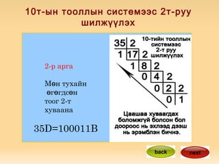 2-р арга  Mөн тухайн өгөгдсөн  тоог 2-т  хуваана 35D=100011B  back next 10т-ын тооллын системээс 2т-руу шилжүүлэх 