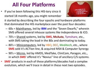 All Four Platforms
• If you’ve been following this HIS-tory since it
started 18 months ago, you might remember
it started by describing the four epochs and hardware platforms
that dominated the HIS marketplace over the past four decades:
– 60s = Mainframes, led by IBM and the “Seven Dwarfs,” wherein
SMS offered several inhouse systems like Independence & ICO.
– 70’s = Shared systems, led by SMS, McAuto, Tymshare, etc.,
with SMS taking the lead in the 80s and dominating to today.
– 80’s = Minicomputers, led by HBO, DCC, Meditech, etc., where
SMS sold it’s ACTIon line, & acquired MS4 & Computer Synergy
– 90’s = Micros, led by HMDS, MedTake, CliniCom, Paragon, etc.,
in which SMS’ offered it’s “Novius” line of ancillary C/S systems.
• SMS’ products in each of these platforms/decades had a complex
evolution, which we’ll trace in detail in these next two episodes.
 