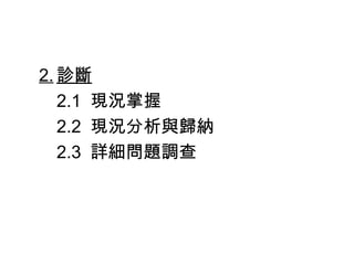2. 診斷
2.1 現況掌握
2.2 現況分析與歸納
2.3 詳細問題調查
 