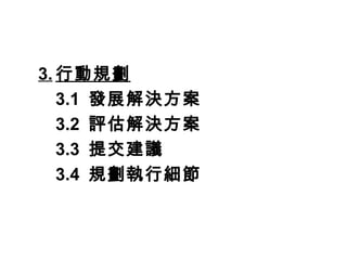 3. 行動規劃
3.1 發展解決方案
3.2 評估解決方案
3.3 提交建議
3.4 規劃執行細節
 