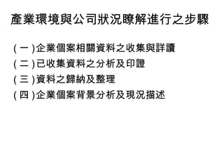 產業環境與公司狀況瞭解進行之步驟
( 一 )企業個案相關資料之收集與詳讀
( 二 )已收集資料之分析及印證
( 三 )資料之歸納及整理
( 四 )企業個案背景分析及現況描述
 