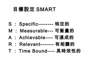 目標設定 SMART
S ： Specific-------- 特定的
M ： Measurable--- 可衡量的
A ： Achievable---- 可達成的
R ： Relevant------- 有相關的
T ： Time Bound---- 具時效性的
 