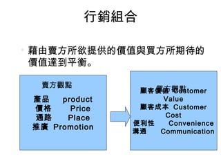 行銷組合

藉由賣方所欲提供的價值與買方所期待的
價值達到平衡。
產品 product
價格 Price
通路 Place
推廣 Promotion
賣方觀點
顧客價值 Customer
Value
顧客成本 Customer
Cost
便利性 Convenience
溝通 Communication
買方觀點
 