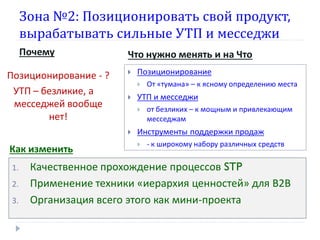 Зона №2: Позиционировать свой продукт,
вырабатывать сильные УТП и месседжи
Почему
Позиционирование - ?
УТП – безликие, а
месседжей вообще
нет!

Что нужно менять и на Что






1.
2.
3.

От «тумана» – к ясному определению места

УТП и месседжи




Как изменить

Позиционирование

от безликих – к мощным и привлекающим
месседжам

Инструменты поддержки продаж


- к широкому набору различных средств

Качественное прохождение процессов STP
Применение техники «иерархия ценностей» для В2В
Организация всего этого как мини-проекта

 