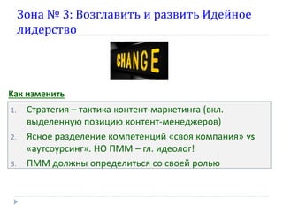 Зона № 3: Возглавить и развить Идейное
лидерство

Как изменить
1.
2.
3.

Стратегия – тактика контент-маркетинга (вкл.
выделенную позицию контент-менеджеров)
Ясное разделение компетенций «своя компания» vs
«аутсоурсинг». НО ПММ – гл. идеолог!
ПММ должны определиться со своей ролью

 