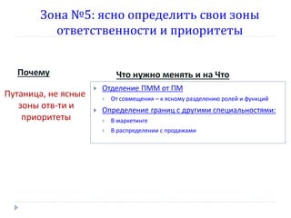 Зона №5: ясно определить свои зоны
ответственности и приоритеты
Почему
Путаница, не ясные
зоны отв-ти и
приоритеты

Что нужно менять и на Что


Отделение ПММ от ПМ




От совмещения – к ясному разделению ролей и функций

Определение границ с другими специальностями:


В маркетинге



В распределении с продажами

 