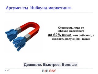 Аргументы Инбаунд маркетинга

Стоимость лида от
Inbound маркетинга

на 62% ниже, чем outbound, а
скорость получения - выше

Дешевле. Быстрее. Больше
47

 