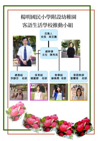 楊明國民小學附設幼稚園
客語生活學校推動小組
召集人
校長 高苙騰

總幹事
主任 陳秀英

總務組
李靜芬 老師

保育組
楊麗娜 老師

教學組
蘇曉惠 老師

客語教師
劉蘭香 老師

 