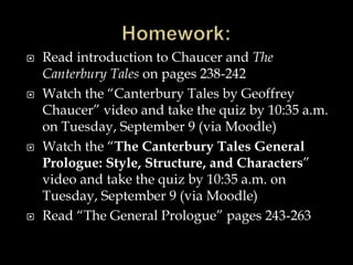  Read introduction to Chaucer and The 
Canterbury Tales on pages 238-242 
 Watch the “Canterbury Tales by Geoffrey 
Chaucer” video and take the quiz by 10:35 a.m. 
on Tuesday, September 9 (via Moodle) 
 Watch the “The Canterbury Tales General 
Prologue: Style, Structure, and Characters” 
video and take the quiz by 10:35 a.m. on 
Tuesday, September 9 (via Moodle) 
 Read “The General Prologue” pages 243-263 
