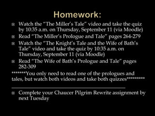  Watch the “The Miller’s Tale” video and take the quiz 
by 10:35 a.m. on Thursday, September 11 (via Moodle) 
 Read “The Miller’s Prologue and Tale” pages 264-279 
 Watch the “The Knight’s Tale and the Wife of Bath’s 
Tale” video and take the quiz by 10:35 a.m. on 
Thursday, September 11 (via Moodle) 
 Read “The Wife of Bath’s Prologue and Tale” pages 
282-309 
*******You only need to read one of the prologues and 
tales, but watch both videos and take both quizzes********* 
____________________________________________ 
 Complete your Chaucer Pilgrim Rewrite assignment by 
next Tuesday 
