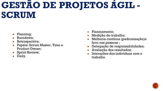 GESTÃO DE PROJETOS ÁGIL -
SCRUM
● Planning;
● Burndown;
● Retrospectiva;
● Papéis: Scrum Master, Time e
Product Owner;
● Sprint Review;
● Daily.
● Planejamento;
● Medição do trabalho;
● Melhoria contínua (padronização)e
foco nas pessoas ;
● Delegação de responsabilidades;
● Avaliação dos resultados;
● Interações dos indivíduos com o
trabalho.
 
