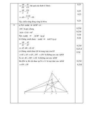 AB AC
DE CE
  (hệ quả của định lí Talet)
120
2 3
AB
 
2.120
80
3
AB
  
Vậy chiều rộng dòng sông là 80 m
0,25
0,25
0,25
0,25
6 a) Xét ABK
 và CBF
 có:
·
ABC là góc chung
· · 0
90
AKB CFB
 
Nên ABK
 CBF
 (g-g)
b) Chứng minh được: ABE
 ACF
 (g-g)
AB AE
AC AF
 
. .
AF AB AE AC
 
c) Chứng minh được OI là trung trực của EF
OI EF OI DN
    DN
 là đường cao của DOI

Ta có: IK DO
 IK
 là đường cao của DOI

Mà DN và IK cắt nhau tại N N
 là trực tâm của DOI

ON DI
 
0,25đ
0,25đ
0,5đ
0,5đ
0,25đ
0,25 đ
0.5đ
0,25đ
0,25đ
 