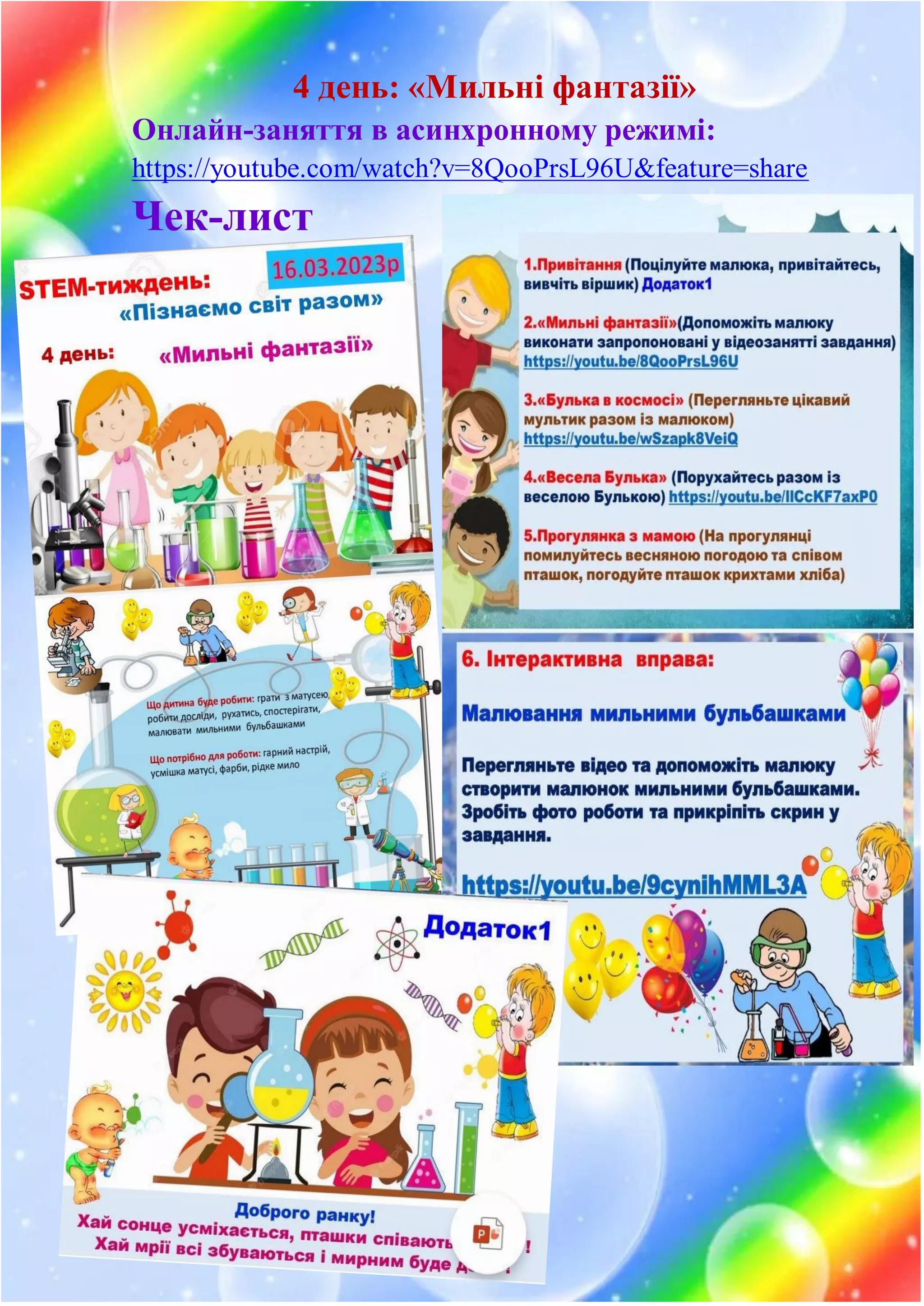 4 день: «Мильні фантазії»
Онлайн-заняття в асинхронному режимі:
https://youtube.com/watch?v=8QooPrsL96U&feature=share
Чек-лист
 