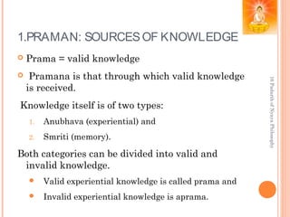 1.PRAMAN: SOURCESOF KNOWLEDGE
 Prama = valid knowledge
 Pramana is that through which valid knowledge
is received.
Knowledge itself is of two types:
1. Anubhava (experiential) and
2. Smriti (memory).
Both categories can be divided into valid and
invalid knowledge.
 Valid experiential knowledge is called prama and
 Invalid experiential knowledge is aprama.
16PadarthofNyayaPhilosophy
 
