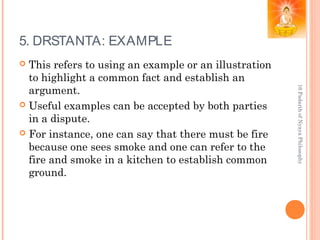 5. DRSTANTA: EXAMPLE
 This refers to using an example or an illustration
to highlight a common fact and establish an
argument.
 Useful examples can be accepted by both parties
in a dispute.
 For instance, one can say that there must be fire
because one sees smoke and one can refer to the
fire and smoke in a kitchen to establish common
ground.
16PadarthofNyayaPhilosophy
 