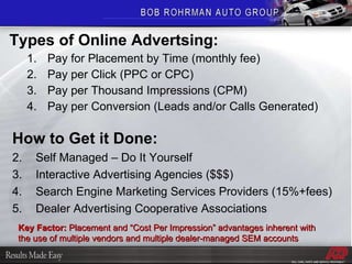 Types of Online Advertsing: Pay for Placement by Time (monthly fee) Pay per Click (PPC or CPC) Pay per Thousand Impressions (CPM) Pay per Conversion (Leads and/or Calls Generated) How to Get it Done: Self Managed – Do It Yourself Interactive Advertising Agencies ($$$) Search Engine Marketing Services Providers (15%+fees) Dealer Advertising Cooperative Associations Key Factor:  Placement and “Cost Per Impression” advantages inherent with the use of multiple vendors and multiple dealer-managed SEM accounts 