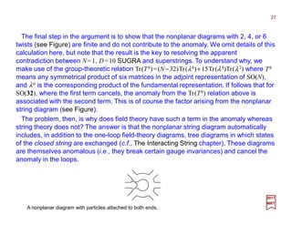 The final step in the argument is to show that the nonplanar diagrams with 2, 4, or 6
twists (see Figure) are finite and do not contribute to the anomaly. We omit details of this
calculation here, but note that the result is the key to resolving the apparent
contradiction between N=1, D=10 SUGRA and superstrings. To understand why, we
make use of the group-theoretic relation Tr(T6)=(N−32)Tr(λ6)+15Tr(λ4)Tr(λ2) where T6
means any symmetrical product of six matrices in the adjoint representation of SO(N),
and λ6 is the corresponding product of the fundamental representation. If follows that for
SO(32), where the first term cancels, the anomaly from the Tr(T6) relation above is
associated with the second term. This is of course the factor arising from the nonplanar
string diagram (see Figure).
27
2017
MRT
A nonplanar diagram with particles attached to both ends.
The problem, then, is why does field theory have such a term in the anomaly whereas
string theory does not? The answer is that the nonplanar string diagram automatically
includes, in addition to the one-loop field-theory diagrams, tree diagrams in which states
of the closed string are exchanged (c.f., The Interacting String chapter). These diagrams
are themselves anomalous (i.e., they break certain gauge invariances) and cancel the
anomaly in the loops.
 