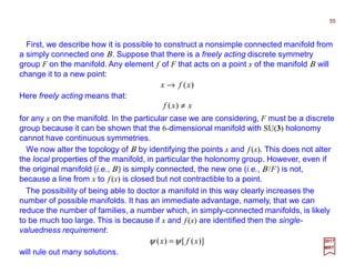 First, we describe how it is possible to construct a nonsimple connected manifold from
a simply connected one Β. Suppose that there is a freely acting discrete symmetry
group F on the manifold. Any element f of F that acts on a point x of the manifold Β will
change it to a new point:
55
2017
MRT
)(xfx →
Here freely acting means that:
xxf ≠)(
for any x on the manifold. In the particular case we are considering, F must be a discrete
group because it can be shown that the 6-dimensional manifold with SU(3) holonomy
cannot have continuous symmetries.
We now alter the topology of Β by identifying the points x and f (x). This does not alter
the local properties of the manifold, in particular the holonomy group. However, even if
the original manifold (i.e., Β) is simply connected, the new one (i.e., Β /F) is not,
because a line from x to f (x) is closed but not contractible to a point.
The possibility of being able to doctor a manifold in this way clearly increases the
number of possible manifolds. It has an immediate advantage, namely, that we can
reduce the number of families, a number which, in simply-connected manifolds, is likely
to be much too large. This is because if x and f (x) are identified then the single-
valuedness requirement:
)]([)( xfx ψψ =
will rule out many solutions.
 