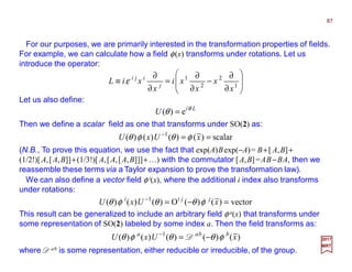 For our purposes, we are primarily interested in the transformation properties of fields.
For example, we can calculate how a field φ(x) transforms under rotations. Let us
introduce the operator:
87
2017
MRT








∂
∂
−
∂
∂
=
∂
∂
≡ 1
2
2
1
x
x
x
xi
x
xiL j
iji
ε
Let us also define:
Li
U θ
θ e)( =
Then we define a scalar field as one that transforms under SO(2) as:
scalar)()()()( 1
==−
xUxU φθφθ
(N.B., To prove this equation, we use the fact that exp(A)Bexp(−A)= B+[ A,B]+
(1/2!)[ A,[A,B]]+(1/3!)[ A,[A,[A,B]]]+…) with the commutator [A,B]=AB−BA, then we
reassemble these terms via a Taylor expansion to prove the transformation law).
We can also define a vector field φ i(x), where the additional i index also transforms
under rotations:
vector)()(O)()()( 1
=−=−
xUxU jjii
φθθφθ
This result can be generalized to include an arbitrary field φ a(x) that transforms under
some representation of SO(2) labeled by some index a. Then the field transforms as:
)()()()()( 1
xUxU bbaa
φθθφθ −=−
D
where Dab is some representation, either reducible or irreducible, of the group.
 