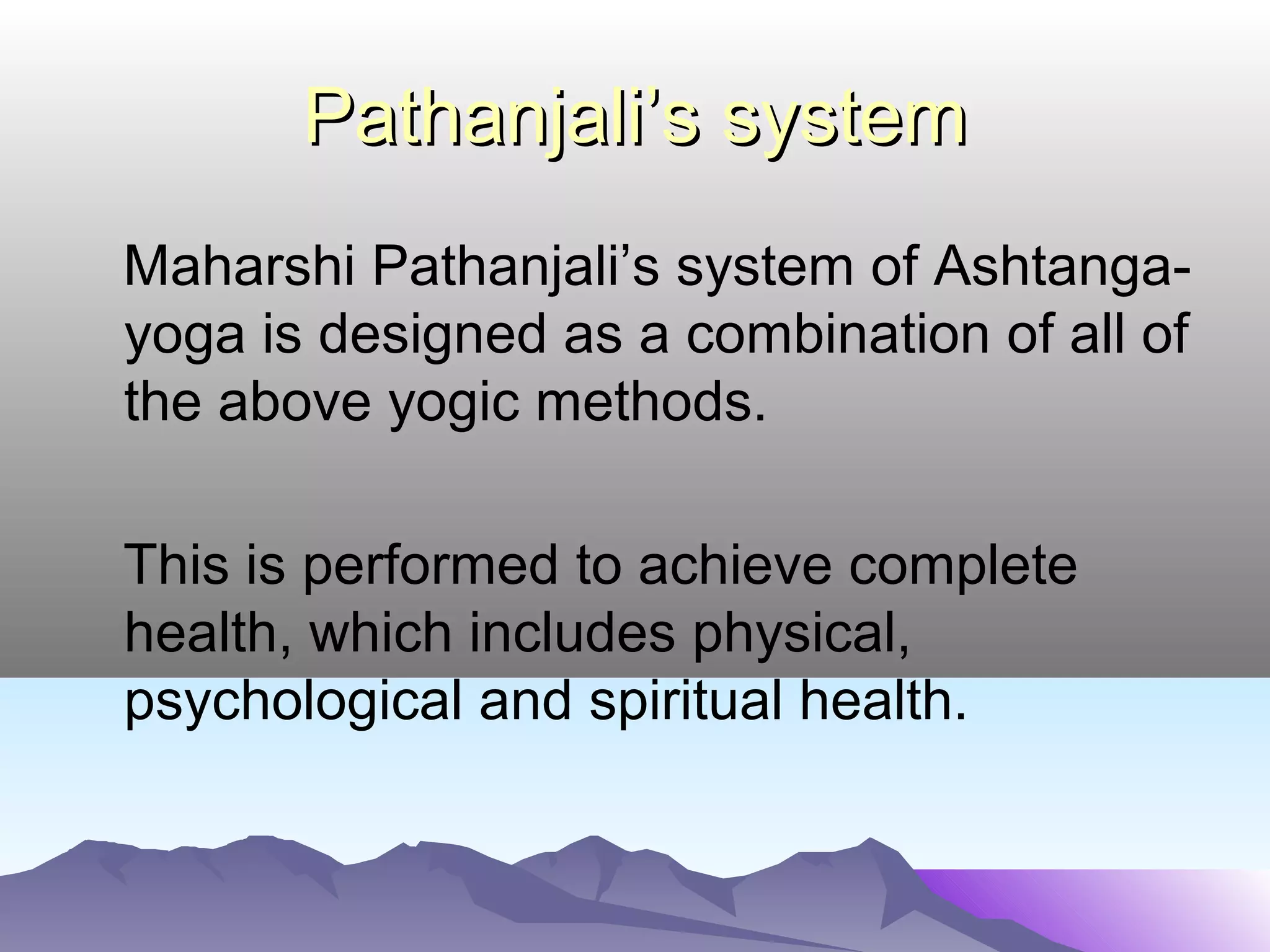 Comparison continued…Comparison continued…
8 No age restrictions as such, There are age restrictions,
because of slow movements because of rapid movements
9 No need of external objects They are used sometimes
10 There are rules to be followed No such rules
about food and its consumption
11 Discipline of time is followed Nothing as such
12 Concentration, awareness and Only concentration may increase,
peace of mind increase gradually and not the other two
13 Mainly for the internal beauty Mostly for the external beauty
(strengthening of nerves) (building of muscles)
14 Initiation of spirituality happens No such initiation
 
