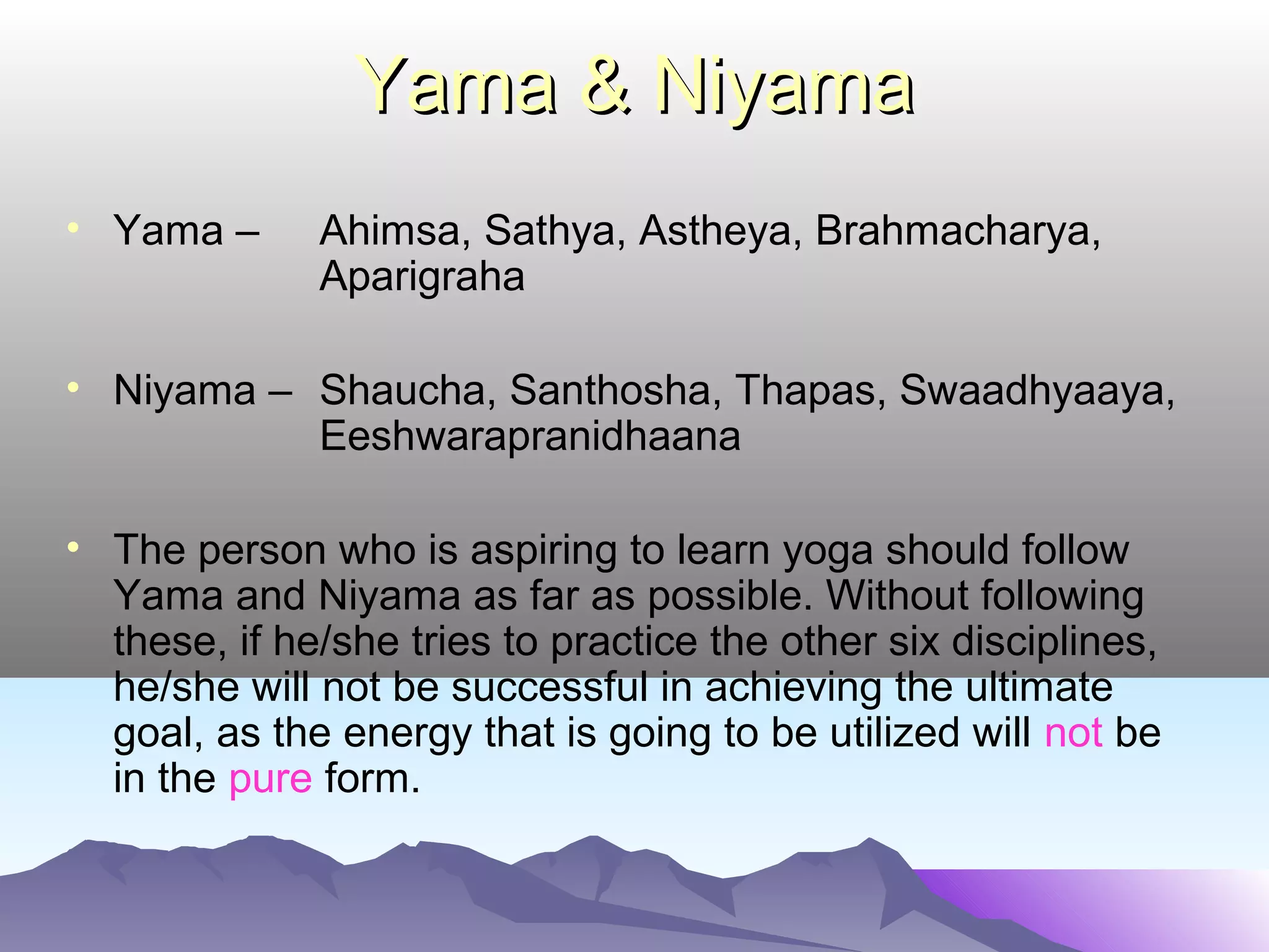 SOME USEFUL TIPSSOME USEFUL TIPS
• Stop drinking bed coffee, bed tea etc. Instead practice
Ushahpana (gargle and spit initially, and then drink).
• While taking bath, take hot-water bath from bottom to top and
cold-water bath from top to bottom.
• Use wholesome, traditional and alkaline food. Also, expose
yourself to sunlight regularly.
• Consume food as 50% solid, 25% liquid and leave 25% space
in the stomach.
• Drink water half an hour before or after meal, not during meal
(quantity based on the needs).
 