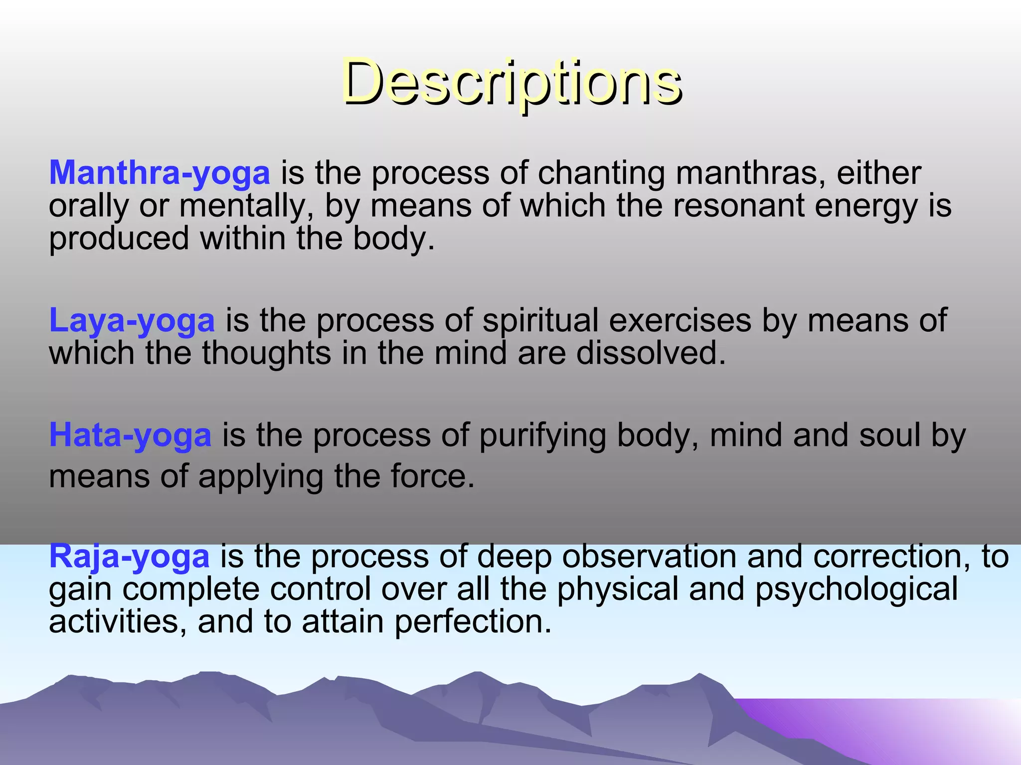 YOGASANAS versus OTHER EXERCISESYOGASANAS versus OTHER EXERCISES
1 Blood circulation improves fully It improves only to some extent
2 Stress that is stored in the muscles It is released partially, sometimes
is released fully adversely
3 Wide variety of exercises are Repetitive actions, without much
present variety
4 Sitting, lying and standing postures Standing type exercises are present
are present in plenty mainly
5 Body becomes flexible & adaptable, Body becomes tough & rugged,
because of stretching because of strengthening
6 Exercises are present for the sense Nothing as such
organs and the internal organs
7 Breathing becomes slow and deep Breathing becomes rapid and
shallow
 