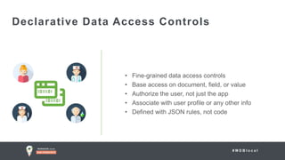 # M D B l o c a l
Declarative Data Access Controls
• Fine-grained data access controls
• Base access on document, field, or value
• Authorize the user, not just the app
• Associate with user profile or any other info
• Defined with JSON rules, not code
 