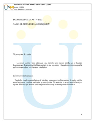 UNIVERSIDAD NACIONAL ABIERTA Y A DISTANCIA – UNAD
Escuela: ECACEN
Curso: Matemática Financiera
DESARROLLO DE LA ACTIVIDAD
TABLA DE RESUMEN DE AMORTIZACIÓN
Mejor opción de crédito
La mejor opción y más adecuada que permite tener mayor utilidad en el balance
financiero es la amortización fija a capital, ya que los gastos financieros son menores a la
de los otros créditos previamente estudiados.
Justificación de la elección
Según las condiciones de la tasa de interés y los numero total de periodo la mejor opción
entre las cuatro estudios realizados la amortización fija a capital es y será siendo la mejor
opción debido a que permite tener mejores utilidades y menores gastos financieros.
5
 