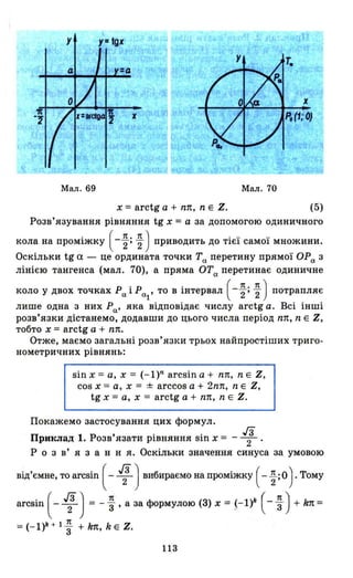 Мал. 69 Мал. 70
х = arctg а + пп, n Е Z. (5)
Розв' язування рівняння tg х = а за допомогою одиничного
кола на проміжку ( - ~; ~ ) приводить до тієї самої множини.
Оскільки tg а - це ордината точки Та перетину прямої ОРа з
лінією тангенса (мал. 70), а пряма ОТа перетинає одиничне
Р 'Р . ( п.п )коло У двох точках а 1 a l' то В lНтервал -2' 2 потрапляє
лише одна з них Ра' яка відповідає числу arctg а. Всі інші
розв'язки дістанемо, додавши до цього числа період пп, n Е Z,
тобто х = arctg а + пп.
Отже, маємо загальні розв'язки трьох найпростіших триго­
нометричних рівнянь:
sin х =а , х = (- l)n arcsin а + пп, n Е Z,
cos х = а, х = ± arccos а + 2nn, n Е Z,
tg х = а, х = arctg а + пп, n Е Z.
Покажемо застосування цих формул.
Приклад 1. Розв'язати рівняння sin х = -1 .Р о з в' я з анн я. Оскільки значення синуса за умовою
від'ємне, то arcsin ( -1)вибираємо на проміжку ( - ~;O). Тому
arcsin (-1) = - ~ ,а за формулою (3) х = ~-l)k (- ~) + k1t=
= (- l)k + 1 ~ + kn, kE Z.
113
 