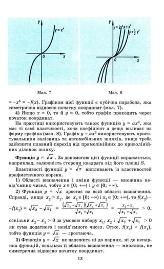 у у
у= 2іУ="
у=і"
х
Мал. 7 Мал. 8
=- Х3
= -{(Х) . Графіком цієї функції є кубічна парабола, яка
симетрична відносно початку координат (мал. 7).
4) Якщо Х = О, то й у = О , тобто графік проходить через
початок координат.
На практиці використовують також функцію у = ах3
, яка
має ті самі властивості, хоча коефіцієнт а дещо впливає на
форму графіка (мал. 8). Графік у = ах3
використовують проек­
тувальники залізниць та автомобільних шляхів, якщо треба
здійснити плавний перехід від прямолінійних до криволіній­
них ділянок шляху.
Функція у = Гх. За допомогою цієї функції виражається,
наприклад, залежність сторони квадрата від його площі s.
Властивості функції у = гх випливають із властивостей
арифметичного кореня.
1) Області визначення і зміни функції - множина не­
від'ємних чисел, тобто Х Е [О; +00) і У Е [О; +00) .
2) Функція У = гх зростає на всій області визначення.
Справді, якщо Х2 > ХІ' де ХІ Е [О; +00) і Х2 Е [О; +00), то {(Х2) -
-{(ХІ) = гх; -гх; = (Гх;-Гх:)(Гх;+Гх:) = Х2 - Х1 О
гх;+Гх: гх;+гх: > ,
оскільки Х2 - ХІ > О за умовою вибору Хр Х2 і гх; + гх; > О
як сума додатного і невід'ємного чисел. Отже, {(Х2) > ((ХІ)'
тобто функція у = гх - зростаюча.
3) Функція у = гх не належить ні до парних, ні до непар­
них функцій, оскільки її область визначення - множина, не
симетрична відносно початку координат.
13
 