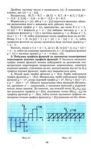 Дробову частину числа х позначають {х}. 3 означення ви ­
пливає, що {х} = х - [х].
Наприклад, {9,7} = 9,7 - [9,7] = 9,7 - 9 = 0,7; {- 2,3} =
= - 2,3 - [- 2,3] = - 2,3 - (- 3) = - 2,3 + 3 = 0,7.
Формулою у = {х}, або у = х - [х] задається функція, облас­
тю визначення якої є множина всіх дійсних чисел.
Будуючи графік у = {х}, враховуємо, що коли О $ х < 1,
то [х] = О і формула у = х - [х] набирає вигляду у = х, а
графіком функції у = {х} є частина прямої у = х. Якщо х = 1,
то у = 1 - 1 = О, тобто відповідна точка графіка буде на осі Ох .
Якщо 1 $ х < 2, то [х] = 1 і У = {х} = х - [х] = х - 1, тобто
графіком функції на цьому проміжку буде частина прямої у =
=х - 1.
Взагалі, якщо n $ х < n + 1, де n Е Z, то [х] = n, а у = {х} =
=х - n, тобто на кожному проміжку [n; n + 1) графіком функції
у = {х} є частина прямої у = х - n (мал. 12).
3. Побудова графіків функцій за допомогою геометричних
перетворень відомих графіків функцій. У багатьох випадках
графік певної функції можна побудувати за допомогою гео­
метричних перетворень (паралельне перенесення, симетрія
відносно прямої, стиснення до осі, розтягування від осі та ін.)
графіка відомої функції, через яку виражається дана .
1. Нехай дано графік функції у = і(х). Треба побудувати
графік функції у = -і(х) . Наприклад, треба побудувати графік
функції у = - х2
, якщо відомий графік у = х2
• Тут У = і(х) =х2
,
а у = - і(х) = -х2
• Області визначення обох функцій збігають­
ся, аргумент х - однаковий, а значення функцій у відрізня­
ються лише знаком. Це означає, що кожній точці Мо (хо; уо)'
що належить графіку у = і(х), відповідає точка м(хо; - уо) на
графіку функції у = -і(х), тобто точки шуканого графіка си­
метричні точкам графіка функції у =і(х) відносно осі Ох. Отже,
у
у= [х]
2
. 1
-3 -2 -1 О 1 2 З
wи&имх -4 -3 -2 -1 О 1 2 3
-1
-2
-3
Мал. 11 Мал . 12
16
 