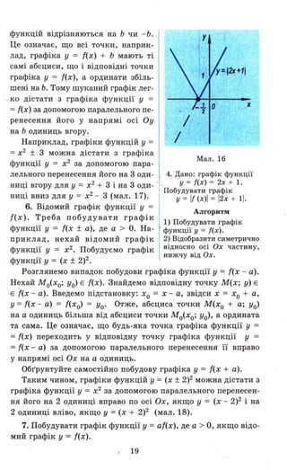 функцій відрізняються на Ь чи - Ь.
Це означає, що всі точки, наприк­
лад, графіка у = {(х) + Ь мають ті
самі абсциси, що і відповідні точки
графіка у = {(х), а ординати збіль­
шені на Ь. Тому шуканий графік лег-
- ко дістати з графіка функції у =
= {(х) за допомогою паралельного пе­
ренесення його у напрямі осі Оу
на Ь одиниць вгору.
Наприклад, графіки функцій у =
= х2
± 3 можна дістати з графіка
функції у = х2
за допомогою пара-
J(
Мал . 16
лельного перенесення його на 3 оди- 4. Дано: графік функції
ниці вгору для у = х2 + 3 і на 3 оди- < - у = {(х) = 2х.+ 1.
. . _ 2 Побудувати графІК
НИЦІ вниз для У - х - 3 (мал. 17). у = If (х)1 = 12х + 11.
6. Відомий графік функції у =
{(х). Треба побудувати графік
функції у = {(х ± а), де а > О. На­
приклад, нехай відомий графік
функції у = х2
• Побудуємо графік
функції у = (х ± 2)2.
Алгоритм
1) Побудувати графік
функції у = ((х).
2) Відобразити симе.трично
відносно осі Ох частину.
нижчу від Ох.
Розглянемо випадок побудови графіка функції у = {(х - а).
Нехай Мо(Хо; уо) Е ((х). Знайдемо відповідну точку М(х; у) Е
Е {(х - а). Введемо підстановку: х
о = х - а, звідси х = хо + а,
у ={(х - а) = ((хо) = Уо' Отже, абсциса точки М(ХО + а; уо)
на а одиниць більша від абсциси точки Мо(Хо; уо)' а ордината
та сама. Це означає, що будь-яка точка графіка функції у =
={(х) переходить у відповідну точку графіка функції у =
={(х - а) за допомогою паралельного перенесення її вправо
у напрямі осі Ох на а одиниць.
Обгрунтуйте самостійно побудову графіка у = {(х + а).
Таким чином, графіки функцій у = (х ± 2)2 можна дістати з
графіка функції у = х2
за допомогою паралельного перенесен­
ня його на 2 одиниці вправо по осі Ох, якщо У = (х - 2)2 і на
2 одиниці вліво, якщо у =(х + 2)2 (мал. 18).
7. Побудувати графік функції у =af(x), де а > О, якщо відо­
мий графік у = {(х).
19
 