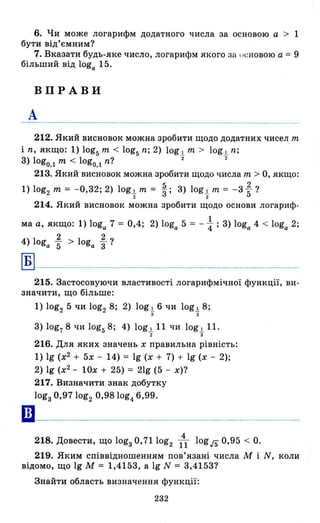 6. Чи може логарифм додатного числа за ОСНОВОЮ а > 1
бути від'ємним1
7. Вказати будь-яке число, логарифм якого за ()t;НОВОЮ а = 9
більший від loga 15.
ВПРАВИ
А
212. Який висновок можна зробити щодо додатних чисел m
і n, якщо: 1) log5 m < log5 n; 2) log.l m > log.l n;
3) logO.l m < logO.l n1 2 2
213. Який висновок можна зробити щодо числа m > О, якщо:
1) log2 m = - 0,32; 2) logt m = ~; 3) logt m = - 3 ~ 1
214. Який висновок можна зробити щодо основи логариф-
ма а, якщо: 1) loga 7 = 0,4; 2) loga 5 = - ~ ; 3) loga 4 < loga 2;
4) loga ~ > loga ~ 1
Б
215. Застосовуючи властивості логарифмічної функції, ви­
значити, що більше:
1) log2 5 чи log2 8; 2) log.l 6 чи log.l 8;
з 3
3) log78 чи log58; 4) log.l 11 чи log.l l1.
2 з
216. Для яких значень х правильна рівність:
1) 19 (х2
+ 5х - 14) = 19 (х + 7) + 19 (х - 2);
2) 19 (х2
- 10х + 25) = 21g (5 - х)1
217. Визначити знак добутку
lоgз 0,971og2 0,981og4
6,99.
4
218. Довести, що lоgз О, 711og2 11 logj5 0,95 < О.
219. Яким співвідношенням пов'язані числа М і N, коли
відомо, що 19 М = 1,4153, а 19 N = 3,41531
Знайти область визначення функції:
232
 