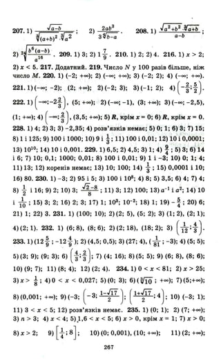 207. 1) ~ ; 2) 2аЬ
3
•
~(a+ь)2 .(;2 зllЬ-а
2~b6(a-b) 7 .
2) а16 ' 209. 1) 3; 2) 19' 210. 1) 2; 2) 4. 216. 1) х > 2;
2) х < 5. 217. Додатний. 219. Число N у 100 разів більше, ніж
число М. 220. 1) (-2; +00); 2) (-оо; +00); 3) (-2; 2); 4) (-оо; +00).
221.1)(-00; -2); . (2; +00); 2)(-2; 3); 3)(-1; 2); 4)(-~;t).
222.1) ( -00;-2 ~), (5; +00); 2)(-00; -1), (3; +00); 3)(-~; -2,5),
(1; +00); 4) ( -оо; ~), (3,5; +00); 5) R, крім х =О; 6) R, крім х = О.
228. 1) 4; 2) 3; 3) -2,35; 4) розв'язків немає; 5) О; 1; 6) 3; 7) 15;
8) 1 і 125; 9) 100 і 1000; 10) 9 і 1;11) 100 і 0,01; 12) 10 і 0,0001;
13) 1010; 14) 10 і 0,001.229. 1) 6,5; 2) 4,5; 3) 1; 4) ~ ; 5) 3; 6) 14
і 6; 7) 10; 0,1; 1000; 0,01; 8) 100 і 0,01; 9) 1 і -3; 10) О; 1; 4;
11) 13; 12) коренів немає; 13) 10; 100; 14) ~ ; 15) 0,0001 і 10;
16) 80. 230. 1) -3; 2) 95 і 5; 3) 100 і 108; 4) 8; 5) 3,5; 6) 4; 7) 4;
8) ~ і 16; 9) 2; 10) 3; ~-8; 11) 3; 12) 100; 13) а-1 і а2; 14) 10
і /0 ; 15) 3; 2; 16) 2; 3; 17) 1; 103; 10-2; 18) 1; 19) - ~ ; 20) 6;
21) 1; 22) 3. 231. 1) (100; 10); 2) (2; 5), (5; 2); 3) (1; 2), (2; 1);
4) (2; 1). 232. 1) (6; 8), (8; 6); 2) (2; 18), (18; 2); 3) (112;:)'
5 4 1233.1) (129; -129); 2) (4,5; 0,5); 3) (27; 4), (8f; -3); 4) (5; 5);
5) (3; 9); (9; 3); ~) ( :; ~ ); 7) (4; 16); 8) (5; 5); 9) (6; 8), (8; 6);
10) (9; 7); 11) (8; 4); 12) (2; 4). 234.1) О < х < 81; 2) х > 25;
3) х > *;4) О < х < 0,027; 5) (О; 3); 6) (ViO; +00); 7) (5;+00);
( 3.1-т) (1+т. 4)8) (0,001; +00); 9) (-3; -, 2 ; 2 ' ; 10) (-3; 1);
11) 3 < х < 5; 12) розв'язків немає. 235. 1) (О; 1); 2) (7; +00);
3) n > 3; 4) х < 4; 5).1,6 < х < 5; 6) х > О, крім х = 1; 7) х > О;
8) х> 2; 9) [~ ; 8]; 10) (О; 0,001), (10; +00); 11) (2; +00);
267
 