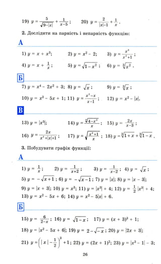 19) У - 5 + 1 .
- J9-lxl х-5 '
2 1
20) У = -- + - .
Iхl-1 х
2. Дослідити на парність і непарність функцію:
А
2) у = х2
- 2;
4) у = х + ~; 6) у = if;2 .
Б
••
7) у = х4
- 2х2
+ 3; 8) у :;: Гх; 9) у = V;;
х 2
_х
10) У = х3
- 5х + 1; 11) у = х -1; 12) у = х2
- іхІ.
14)у = ~;
х
15) у = ~.
х-з'
17) y=JX2
x
+1 ; 18) у = ~1 + х + ~1- х .
3. Побудувати графік функції:
А
1) у = 1... 2) у :;: _ 1_ . 3) у = _ 1_ . 4) у = г .
х ' х+2 ' х-2 ' "х ,
5) у = - Jx +1 ; 6) у = - Jx - 1; 7) У = I~I; 8) у = Іх - 31;
9) у = Іх + 31; 10) у = х3
; 11) У = Iх31 + 4; 12) У = ~ Iх31 + 4;
13) У = х2
- 5х + 6; 14) у = х2
- 51хl + 6.
Б
15) у = 2~x; 16) у = Jl- х; 17) у = (х + 3)3 + 1;
18) У = Iх2
- 5х + 61; 19) у = 2 - J - х; 20) у = 12х + 31;
21) Y= (lxl-~Y +1; 22)у= (2х + 1)2; 23)у = Iх3 - 11- 3;
26
 