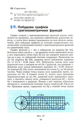 29. Спростити:
sin 2 (3 а +6 n)
1) tg 2
(2n+3 a )+tg(5n+3a)ctg(3a+n)
sin (а+ 6n) ctg (5n -а )
2) sill (2n-а) ctg (5n+а') .
§ 6. Побудова графіків
тригонометричних функцій
Графік кожної з тригонометричних функцій досить побу­
дувати на проміжку, що дорівнює найменшому додатному пе ­
ріоду, а потім його можна продовжити на всю область визна ­
чення. Для побудови графіків за точками скористаємось гео­
метричним тлумаченням кожної з тригонометричних функцій
на одиничному колі.
Графік функції у = sin х побудуємо на відрізку [О; 2n].
Оскільки синус числа а - це ордината точки одиничного кола ,
в яку переходить точка Ро(l; О) під час повороту навколо цен ­
тра на а рад, то побудуємо систему координат. Позначимо на
осі Ох відрізок [О; 2n], довжина якого наближено дорівнює
2n == 2· 3,14 = 6,28 (мал. 37). Побудуємо також поза цим
відрізком коло з центром на осі Ох і радіусом, що дорівнює 1.
Довжина кола також наближено дорівнює 2n == 6,28. Поділи ­
мо відрізок [О; 2n] і коло, починаючи від точки РО' на 16 рівних
частин . Через кожну точку поділу кола ПРQВедемо прямі, па ­
ралельні осі Ох . 3 кожної точки Ра поділу кола проведемо
перпендикуляри до осі Ох , довжини яких дорівнюють орди ­
наті, а значить, синусу кута, утвореного радіусом ОРrJ. і віссю
Ох і виміряного У радіанах . Кожна з цих ординат відповідає
абсцисам а, позначеним точками поділу відрізка [О; 2n] на осі
Ох. Провівши прямі, паралельні осі Оу у кожній точці поділу
у
1 у= sin x
С І' ......
/ І? V '
 O~JP.O 1 11 п . l1!. J ~п Х
/~
2'
'"
2
/
І'.
Мал. 37
50
 