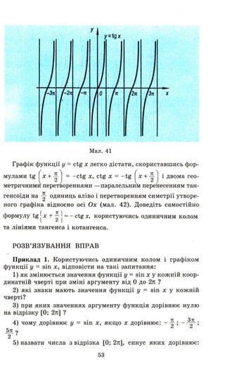 у
y=tgx
х
Мал . 41
Графік функції У = ctg х легко дістати, скориставшись фор ­
мулами tg (х + ~ 1= - ctg х, ctg х = - tg ( х + ~ 1і двома гео­
метричними перет'ореннями -паралельни'м пере~есенням тан­
генсоїди на ~ одиниць вліво і перетворенням симетрії YTBOP~­
ного графіка відносно осі Ох (мал. 42). Доведіть самостійно
формулу -tg [х + ~ ] = - ctg х, користуючись одиничним колом
та лініями тангенса і котангенса.
РОЗВ' ЯЗУВАННЯ ВПРАВ
Приклад 1. Користуючись одиничним колом і графіком
функції у = sin х , відповісти на такі запитання:
1) як змінюється значення функції у = sin х у кожній коор­
динатній чверті при зміні аргументу від О до 2п ?
2) які знаки мають значення функції у = sin х у кожній
чверті?
3) при яких значеннях аргументу функція дорівнює нулю
на відрізку [О; 2п] ?
4) чому дорівнює У = sin х, якщо х дорівнює: - ~ ; - 32п ;
h ?
2
5) назвати числа з відрізка [О; 2п], синус яких дорівнює:
53
 