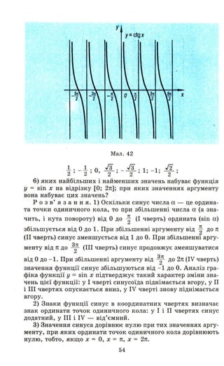 у
у= ctgx
х
Мал. 42
1. 1'0 Гз. Гз. 1 . l' .12."2 ' -"2 ' '-2-' - - 2- ' , - , -2-'
6) яких найбільших і найменших значень набуває функція
у = sin х на відрізку [О; 2п); при яких значеннях аргументу
вона набуває цих значень?
р о з в' я з анн я. 1) Оскільки синус числа а - це ордина­
та точки одиничного кола, то при збільшенні числа а (а зна-
чить, і кута повороту) від О до ~ (І чверть) ордината (sin а)
збільшується від О до 1. При збільшенні аргументу від ~ до 1t
(ІІ чверть) синус зменшується від 1 дО О. При збільшенні аргу-
менту від 1t до З
2п (ІІІ чверть) синус продовжує зменшуватися
від О до - 1. При збільшенні аргументу від 3
2п до 2п (IV чверть)
значення функції синус збільшуються від - 1 дО О. Аналіз гра­
фіка функції у = sin х підтверджує такий характер зміни зна­
чень цієї функції: у І чверті синусоїда піднімається вгору, уІІ
і ІІІ чвертях опускається вниз, у IV чверті знову піднімається
вгору.
2) Знаки функції синус в координатних чвертях визначає
знак ординати точок одиничного кола: у І і ІІ чвертях синус
додатний, у ІІІ і IV - від'ємниЙ.
3) Значення синуса дорівнює нулю при тих значеннях аргу­
менту, при яких ординати точок одиничного кола дорівнюють
нулю, тобто, якщо х = О, х = п, Х = 2п.
54
 