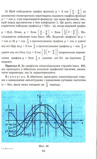 2) Щоб побудувати графік функції у = 2 cos (~ - ~) за
допомогою геометричних перетворень відомого rpa(lHKa функції
у = =cos х, слід перетворити формулу, що задає функцію, так,
щоб перед аргументом х був коефіцієнт 1. Це дасть змогу ви­
користати побудову графіка у = bf(x - а), якщо відомий графік
у = {(х). Отже, у = 2cos (~ - ~ І = 2cos [~ ( х - ~ )). По-
слідовність побудови така (мал. 4~). Будуємо графіки: а) у =
= cos х; б) у = cos ~ х (розтягування графіка у = cos х удвічі
від осі Оу); в) У = 2 cos ~ х (розтягування графіка у = cos ~ х
удвічі від осі Ох); г) У = 2 cos [ ~ ( х - ~ )) (паралельне перене-
Ф. 2 1 . О . 1tсення гра ша у = COS "2 х уздовж ОСІ Х на В1Дстань з-
вправо).
Приклад 6. 3а графіком синусоїдальних струмів (мал. 49),
що ПРОХОДЯ'l'ь в обмотках котушок трифазної системи, визна­
чити параметри, що Їх характеризують.
В і Д n о в і д ь. В обмотках проходять синусоїдальні стру­
ми з однаковими амплітудами і однаковою кутовою частотою
2 Ф
. 1 .
оо = 1tU, ази яких ЗМІщено на з- перюду.
Мал . 48
:-  1 lU..і.'1~ 101..1
65
 