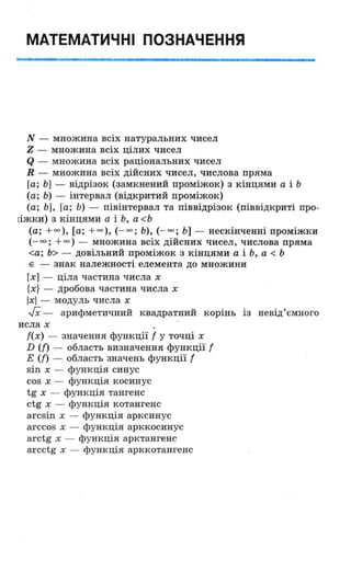 МАТЕМАТИЧНІ ПОЗНАЧЕННЯ
N - множина всіх натуральних чисел
Z - множина всіх цілих чисел
Q - множина всіх раціональних чисел
R - множина всіх дійсних чисел, числова пряма
[а; Ь] - відрізок (замкнений проміжок) з кінцями а і Ь
(а; Ь) - інтервал (відкритий проміжок)
(а; Ь], Га; Ь) - півінтервал та піввідрізок (піввідкриті про-
rіжки) з кінцями а і Ь, а <Ь
(а; +00), [а; + 00 ), (-оо ; Ь), (- оо; Ь] - нескінченні проміжки
(-оо; + 00 ) - множина всіх дійсних чисел, числова пряма
<а; Ь> - довільний проміжок з кінцями а і Ь, а < Ь
Е - знак належності елемента до множини
[х] - ціла частина числа х
{х} - дробова частина числа х
іхІ - модуль числа х
JX - арифметичний квадратний корінь із невід'ємного
исла х
{(х) - значення функції { у точці х
D ({) - область визначення функції {
Е (П - область значень функції {
sin х - функція синус
cos х - функція косинус
tg х - функція тангенс
ctg х - функція котангенс
arcsin х - функція арксинус
arccos х - функція арккосинус
arctg х - функція арктангенс
arcctg х - функція арккотангенс
 