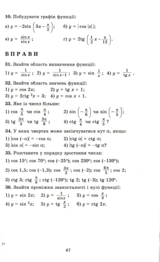 3*
10. Побудувати графік функції:
а) у = - 2sin ( 3х - ~ ):
в) у = S~nX.
SlnX '
ВПРАВИ
б) у = І cos іхІІ ;
г) у = 2tg ( ; х - 1~ )-
31. Знайти область визначення функції:
1) у = Si~X; 2) У = sin:- 1; 3) у = sin ;; 4) У = t~Х •
32. Знайти область значень функції:
1) у = cos 2х; 2) У = tg х + 1;
3) у = 2ctg 2х + 3; 4) У = cos х + 1.
33. Яке із чисел більше:
7t 7t
1) cos "5 чи cos 4" ;
З7t З7t
3) tg 5 чи tg 8 ;
2) sin ( - ~ ) чи sin ( - ~ );
4) ctg ~ чи ctg ~?
34. У яких чвертях може закінчуватися кут а, якщо:
1) Icos (- а)1 = - cos а;
3) Isin аl = - sin а;
2) Ictg аl = ctg а;
4) Itg (- а)1 = - tg а?
35. Розставити у порядку зростання числа:
1) cos 150; cos 700; cos (- 250); cos 2300; cos (- 1300);
2) cos 1,5; cos (- 1,3); cos З
27t; cos (- 2); cos 65п; cos 2;
7t
3) ctg 3; ctg 3"; ctg (- 1200); tg 2; tg (- 3); tg 1200.
36. Знайти проміжки знакосталості і нулі функції:
1) у = sin 2х; 2) у = _._1_ ; 3) у = cos .!.. ;
ЮПХ З
4) У = sin 2х; 5) у = tg ~ ; 6) у = ctg 2х.
67
 