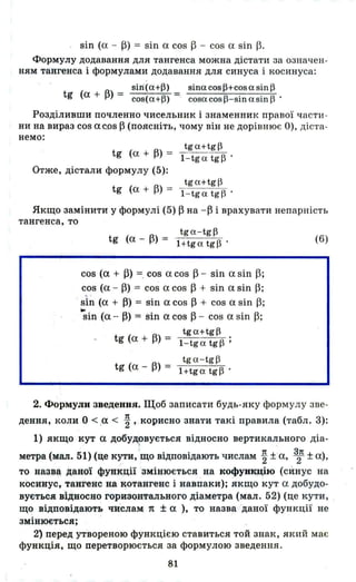 sin (а - 13) = sin а cos 13 - cos а sin 13.
Формулу додавання для тангенса можна дістати за означ ен­
ням тангенса і формулами додавання для синуса і косинуса:
siIi(a+~) sinacos~+cosasin~
tg (а + 13) = cos(a+~) = cosacos~-sinasin~ .
Розділивши почленно чисельник і знаменник правої части ­
ни на вираз cos а c.os 13 (поясніть, чому він не дорівнює О), діста-
немо:
tga+tg~
tg (а + 13) = l -tga tg~ .
Отже, дістали формулу (5):
tga+tg~
tg (а + 13) = 1- tg а tg ~ .
Якщо замінити у формулі (5) 13 на -13 і врахувати непарність
тангенса, то
tga-tg~
tg (а - 13) = l+tga tg~ .
cos (а + 13) =. cos а cos 13 - sin а sin 13;
cos (а - 13) = cos а cos 13 + sin а sin 13;
sln (а + 13) = sin а cos 13 + cos а sin 13;
~
sin (а - 13) = sin а cos 13 - cos а sin 13;
tga+tg~
tg (а + 13) = l-tga tg~ ;
tga -tg~
tg (а - 13) = 1+tg а tg ~ .
(6)
2. Формули зведення. Щоб записати будь-яку формулу зве­
дення, коли О < а < ~, корисно знати такі правила (табл. 3):
1) якщо кут а добудовується відносно вертикального діа-
.
метра (мал. 51) (це кути, що відповідають числам ~ ±"а, 32п ±а),
то назва даної функції змінюється на кофуикцію (сИну.с на
косинус, тангенс lUi котангенс і навпаки); якщо кут а добудо­
вується відносно горизонтального діаметра (мал. 52) (це кути,
що відповідають числам 1t ± а ), то назва даної функції не
змінюється;
2) перед утвореною функцією ставиться той знак, який має
функція, що перетворюється за формулою зведення.
81
 