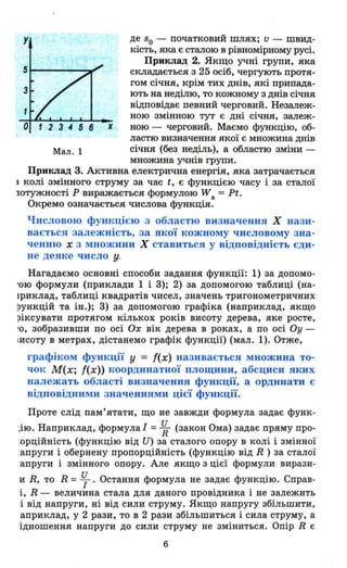у
123456 х
Мал. 1
де 80 - початковий шлях; v - швид­
кість, яка є сталою в рівномірному русі.
Приклад 2. Якщо учні групи, яка
складається з 25 осіб, чергують протя­
гом січня, крім тих днів, які припада­
ють на неділю, то кожному з днів січня
відповідає певний черговий. Незалеж­
ною змінною тут є дні січня, залеж­
ною - черговий. Маємо функцію, об­
ластю визначення якої є множина днів
січня (без неділь), а областю зміни-
множина учнів групи.
Приклад 3. Активна електрична енергія, яка затрачається
3 колі змінного струму за час t, є функцією часу і за сталої
ІОтужності Р виражається формулою W a
= Pt.
Окремо означається числова функція.
Числовою функцією з областю визначення Х нази­
вається залежність, за якої кожному числовому зна­
ченню х з множини Х ставиться у відповідність єди­
не деяке число у.
Нагадаємо основні способи задання функції: 1) за допомо­
'ою формули (приклади 1 і 3); 2) за допомогою таблиці (на­
rриклад, таблиці квадратів чисел, значень тригонометричних
рункцій та ін.); 3) за допомогою графіка (наприклад, якщо
ріксувати протягом кількох років висоту дерева, яке росте,
'О, зобразивши по осі Ох вік дерева в роках, а по осі Оу -
ІИСОТУ В метрах, дістанемо графік функції) (мал. 1). Отже,
графіком функції у = {(х) називається множина то­
чок М(х; {(х» координатної площини, абсциси яких
належать області визначення функції, а ординати є
відповідними значеннями цієї функції.
Проте слід пам'ятати, що не завжди формула задає функ­
;ію. Наприклад, формула І = ~ (закон Ома) задає пряму про­
:орційність (функцію від И) за сталого опору в колі і змінної
:апруги і обернену пропорційність (функцію від R ) за сталої
апруги і змінного опору. Але якщо з цієї формули вирази-
и R, то R = ~ . Остання формула не задає функцію. Справ­
і, R - величина стала для даного провідника і не залежить
і від напруги, ні від сили струму. Якщо напругу збільшити,
априклад, у 2 рази, то в 2 рази збільшиться і сила струму, а
ідношення напруги до сили струму не зміниться. Опір R є
6
 