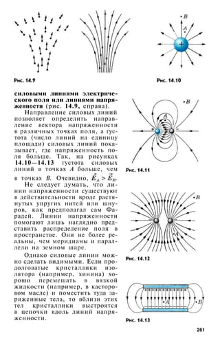 силовыми линиями электриче­
ского поля или линиями напря­
женности (рис. 14.9, справа).
Направление силовых линий
позволяет определить направ­
ление вектора напряженности
в различных точках поля, а гус­
тота (число линий на единицу
площади) силовых линий пока­
зывает, где напряженность по­
ля больше. Так, на рисунках
14.10—14.13 густота силовых
линий в точках А больше, чем
в точках В. Очевидно,
Не следует думать, что ли­
нии напряженности существуют
в действительности вроде растя­
нутых упругих нитей или шну­
ров, как предполагал сам Фа-
радей. Линии напряженности
помогают лишь наглядно пред­
ставить распределение поля в
пространстве. Они не более ре­
альны, чем меридианы и парал­
лели на земном шаре.
Однако силовые линии мож­
но сделать видимыми. Если про­
долговатые кристаллики изо­
лятора (например, хинина) хо­
рошо перемешать в вязкой
жидкости (например, в касторо­
вом масле) и поместить туда за­
ряженные тела, то вблизи этих
тел кристаллики выстроятся
в цепочки вдоль линий напря­
женности.
261
 