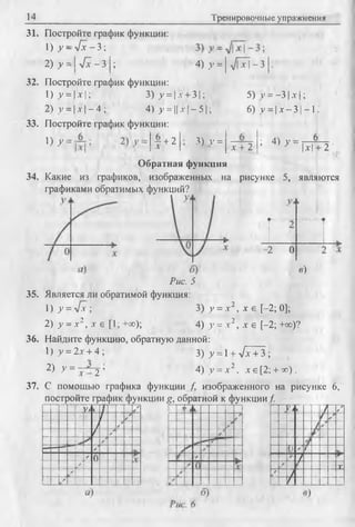 14 Тренировочные упражнения
31. Постройте график функции:
1) у - у [ х - 3;
2) у = I 4 х - 3 | ; 4) >' = | л / Й - з |.
32. Постройте график функции:
1).v = U |; 3) > = |дг+ 3 |; 5) v = -3 |.y|;
2) V= | л'|- 4 ; 4) >»= ||jr |- 5 |; 6) у = | x-31 -1 .
33. Постройте график функции:
1) У = : + 2 3) v =
х + 2
; 4) у
1*1+ 2 -
Обратная функция
34. Какие из графиков, изображенных на рисунке 5, являются
графиками обратимых функций?
-2 О
в )
Рис. 5
35. Является ли обратимой функция.
1) у = л[х ; 3) у = х 2, х е [-2; 0];
2) >’ = X2, дг е [1; +оо); 4) у = х 2, х е [-2; +оо)?
36. Найдите функцию, обратную данной:
1) у =2х + 4; 3 ) y = l + V7+3;
2) У = v 2 ’ 4) v = д-2, хе[2; + оо).
37. С помощью графика функции f изображенного на рисунке 6,
постройте график функции g, обратной к функции/.
tyj к /
/ //
/ /
/ ✓
✓
/
/ о/
/
/
у *< — . / '(Г /
.....- У"...
г у 1
/
' 1
/
_ X
 