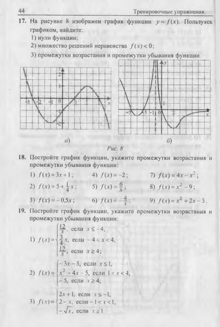 44 Тренировочные упражнения
17. На рисунке 8 изображен график функции у = Д х ). Пользуясь
графиком, найдите:
1) нули функции;
2) множество решений неравенства / ( а ) < 0 ;
3) промежутки возрастания и промежутки убывания функции.
II‘ 'У
 /1
 1

 !
/
ч/ •3-1 Л
Jt
1 
 У
б)
Рис. 8
18. Постройте график функции, укажите промежутки возрастания и
промежутки убывания функции:
1) Д а ) =З.г + 1; 4) Д а ) = - 2 ; 7) / ( х) = 4х - х 2 ;
2 ) Д а ) =5+± х ; 5 ) Д х ) = 8) Д х ) =х 2 - 9;
3) Д х ) = - 0 , 5 а- ; 6) Д х ) = - 1 ; 9 ) / ( а ) = а 2 + 2 а - 3.
19. Постройте графикфункции, укажите промежутки возрастания и
промежутки убывания функции:
1 2
х '■
1) /(* ) =
2) /'(*) =
3) Д а-) =
если а < - 4 ,
4 а , если - 4 < а < 4 ,
1?
“ , если х > 4;
- За - 5, если х < 1,
а 2 - 4 а - 5, если 1< а < 4>
- 5, если а > 4;
2а + 1, если а < —1,
2 - а , если - 1< х < 1,
- л/ а , если а > 1.
 