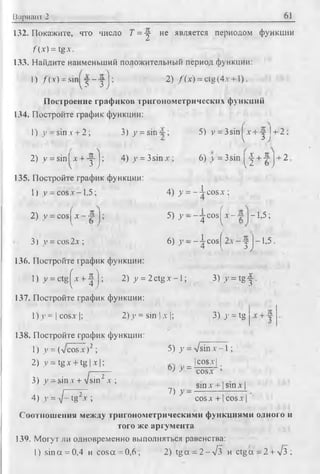 Вариант 2 61
132. Покажите, что число Г = -j не является периодом функции
/ ( . v ) = tg.Y.
133. Найдите наименьший положительный период функции:
1) /(.г) = s in ^ y - y j ; 2) f(x) = ctg (4а + 1).
Построение графиков тригонометрических функций
134. Постройте график функции:
1) у - sin г + 2; 3) >>= sin —; 5) у = 3sin I А+ у I+ 2 ;
2) у = sin IA+ -yJ; 4) j' = 3sinjr; 6) v = 3sin j^ + -jrj + 2
135. Постройте график функции:
1) у = c o s x -1.5; 4) у = --A-cosa ;
2) v = cos^a j ; 5) у - - j cos ^a - - 1,5;
3) v = cos 2 a ; 6) У - - - ^ cos ^2 a - у j - 1,5 .
136. Постройте график функции:
1) >>= ctg^x + -| j; 2) у = 2 ctg a -1 ; 3)>' = tg ^ .
137. Постройте график функции:
1) у = | cosa I; 2) у = sin | X |; 3) у = tg
138. Постройте график функции:
1) у = ( v c o s a ) 2 ; 5) у = л/sin a - 1 ;
2) у = tg A+ tg IAI; .4 _ !cosAI .
J } ~ COSA ’
3) у =sin a + л/sin2a ;
4) У = yj~ t g 2A ; 7 ) }
Sin A + ISin A I
COSA + I COSA
Соотношения между тригонометрическими функциями одного и
того же аргумента
139. Могут ли одновременно выполняться равенства:
1) sina = 0,4 и cosa = 0,6 ; 2) tg a - 2 - л/з и ctg a = 2 + л/з ;
 
