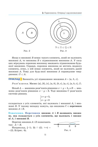 11
2. Підмножина. Операції над множинами
 ⊂  ⊂  ⊂ 
Рис. 2 Рис. 3
Якщо в множині B немає такого елемента, який не належить
множині A, то множина B є підмножиною множини A. У силу
цих міркувань порожню множину вважають підмножиною будь-
якої множини. Справді, порожня множина не містить жодного
елемента, отже, у ній немає елемента, який не належить даній
множині A. Тому для будь-якої множини A справедливе твер-
дження: ∅ ⊂ A.
Приклад       Випишіть усі підмножини множини A = {a, b, c}.
Розв’язання. Маємо: {a}, {b}, {c}, {a, b}, {b, c}, {a, c}, {a, b, c}, ∅.
Нехай A — множина розв’язків рівняння x + y = 5, а B — мно-
жина розв’язків рівняння x – y = 3. Тоді множина C розв’язків
системи рівнянь
x y
x y
+ =
− =



5
3
,
складається з усіх елементів, які належать і множині A, і мно-
жині B. У такому випадку кажуть, що множина C є перетином
множин A і B.
Означення. Перетином множин A  і  B називають множи-
ну, яка складається  з  усіх елементів, що належать  і  множи-
ні A, і множині B.
Перетин множин A і B позначають
так: A Ç B.
Наприклад, [–1; 3) Ç (2; +∞) =
= (2; 3) (рис. 4). Рис. 4
 
