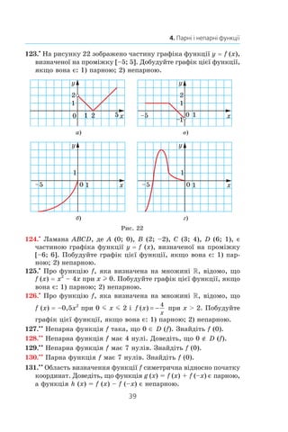 39
4. Парні і непарні функції
123.•
На рисунку 22 зображено частину графіка функції y = f (x),
визначеної на проміжку [–5; 5]. Добудуйте графік цієї функції,
якщо вона є: 1) парною; 2) непарною.
а) в)
б) г)
Рис. 22
124.•
Ламана ABCD, де A (0; 0), B (2; –2), C (3; 4), D (6; 1), є
частиною графіка функції y = f (x), визначеної на проміжку
[–6; 6]. Побудуйте графік цієї функції, якщо вона є: 1) пар-
ною; 2) непарною.
125.•
Про функцію f, яка визначена на множині , відомо, що
f (x) = x2
 – 4x при x l 0. Побудуйте графік цієї функції, якщо
вона є: 1) парною; 2) непарною.
126.•
Про функцію f, яка визначена на множині , відомо, що
f (x) = –0,5x2
при 0 m x m 2 і  f x
x
( ) = −
4
при x  2. Побудуйте
графік цієї функції, якщо вона є: 1) парною; 2) непарною.
127.• •
Непарна функція f така, що 0 ∈ D (f). Знайдіть f (0).
128.• •
Непарна функція f має 4 нулі. Доведіть, що 0 ∉ D (f).
129.• •
Непарна функція f має 7 нулів. Знайдіть f (0).
130.• •
Парна функція f має 7 нулів. Знайдіть f (0).
131.• •
Область визначення функції f симетрична відносно початку
координат. Доведіть, що функція g (x) = f (x) + f (–x) є парною,
а функція h (x) = f (x) – f (–x) є непарною.
 